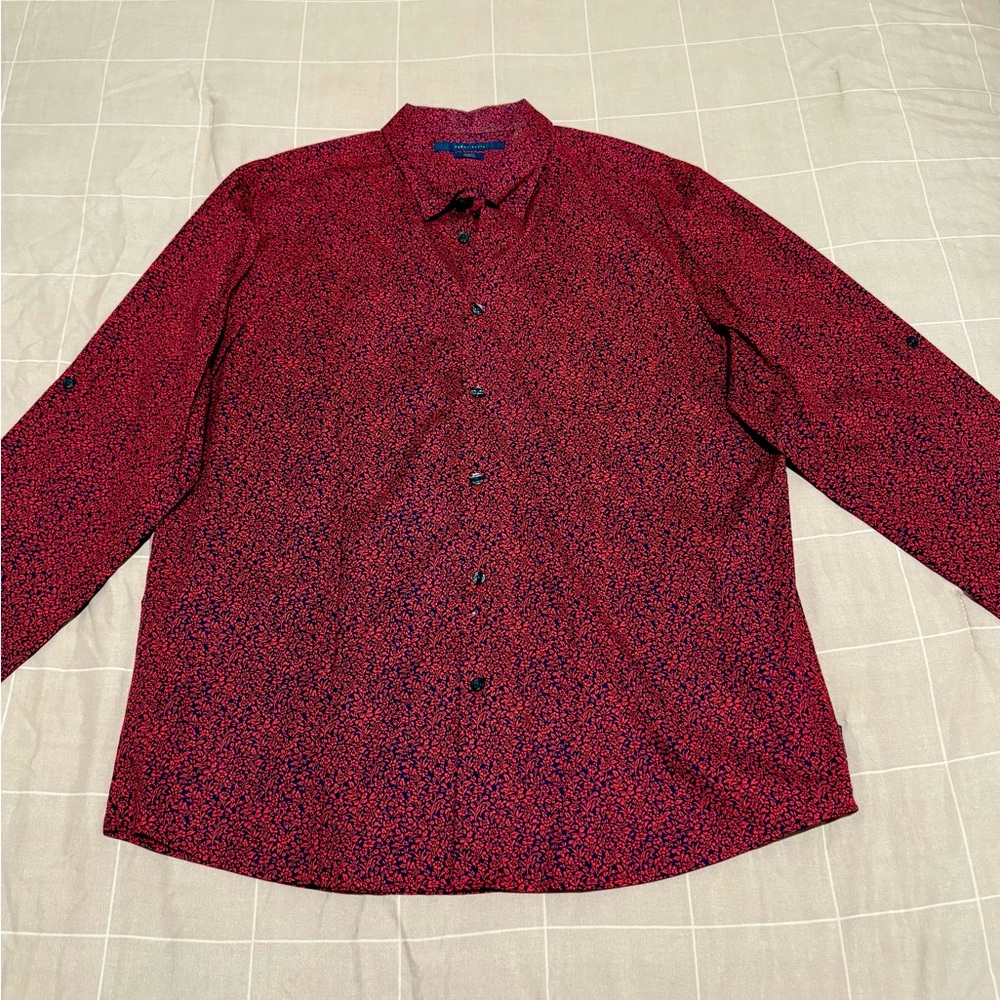 Perry Ellis Red and Navy Microprint Long-Sleeve Shirt